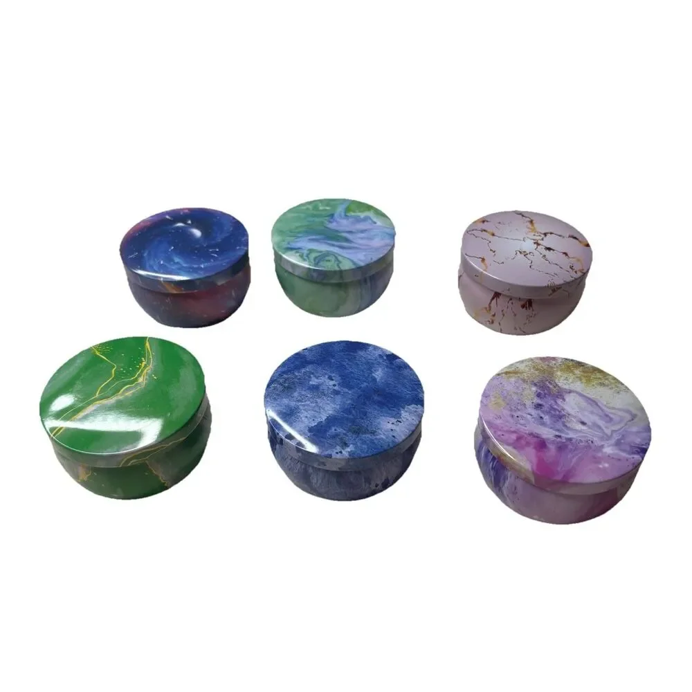 Mini Soy Wax Candles Decorative Tin With Lids Blue Purple Greens Marble Tie Dye